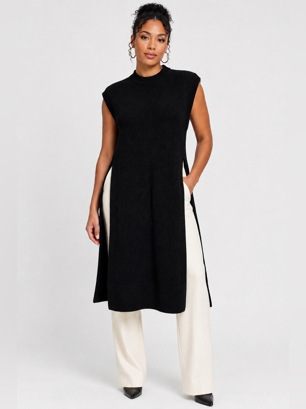 H&M Sleeveless Black Ribbed Tunic Vest - Size Small